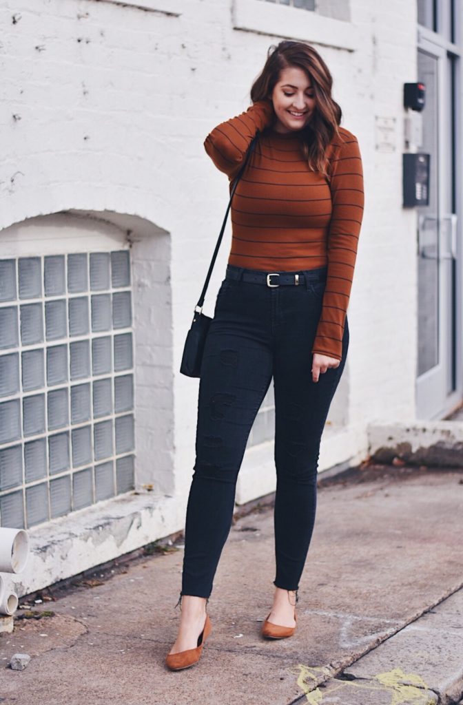 outfit of the day rust-colored mock-neck top ootd