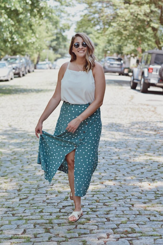 outfit of the day teal polka dot maxi skirt ootd